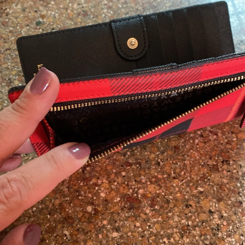 kate spade Red Black Plaid Continental Zip Wallet